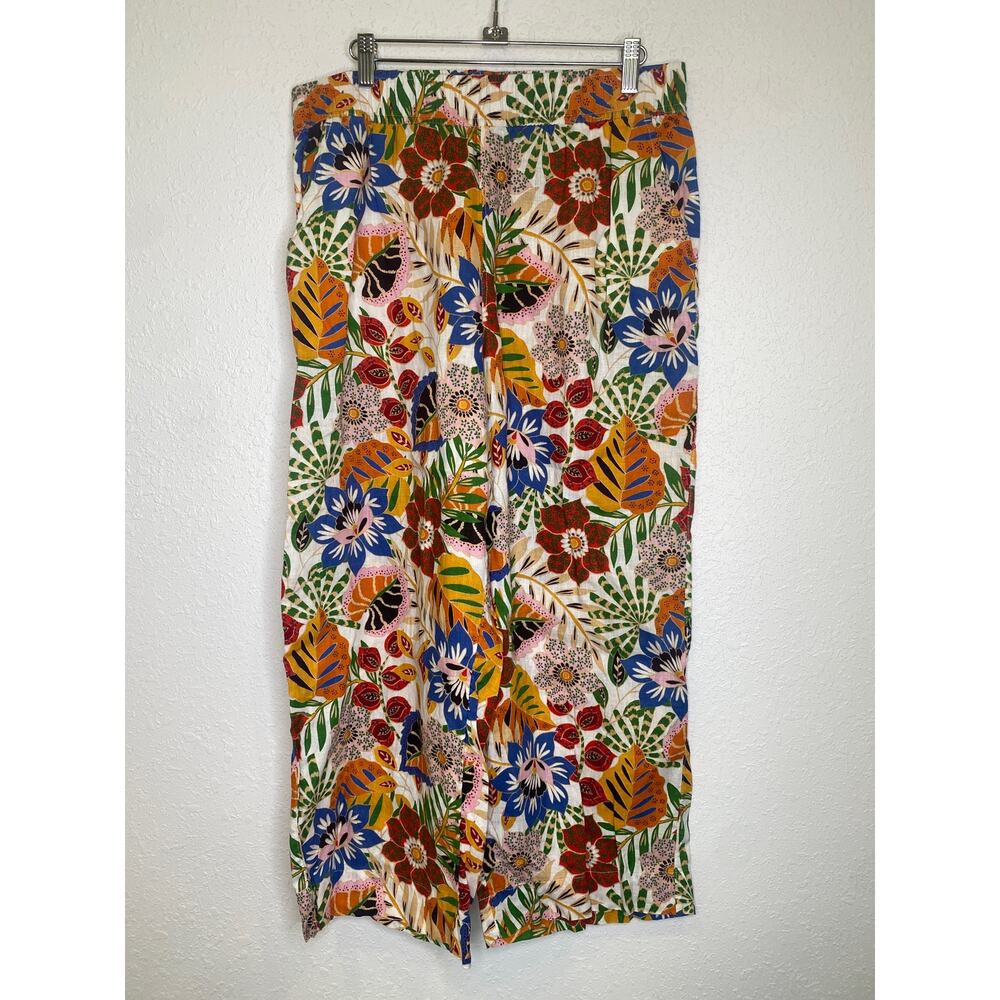 C&C California Casual Tropical Floral Print Linen Wide Leg Pants Sz Lg Colorful